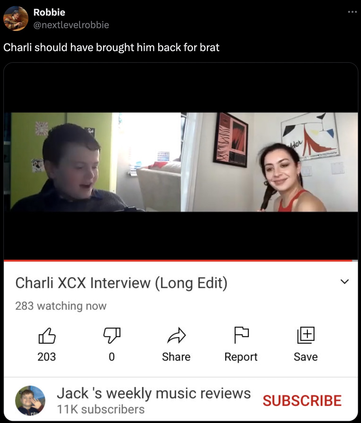 screenshot - Robbie Charli should have brought him back for brat 2 der Charli Xcx Interview Long Edit 283 watching now P B 203 0 Report Save Jack's weekly music reviews 11K subscribers Subscribe